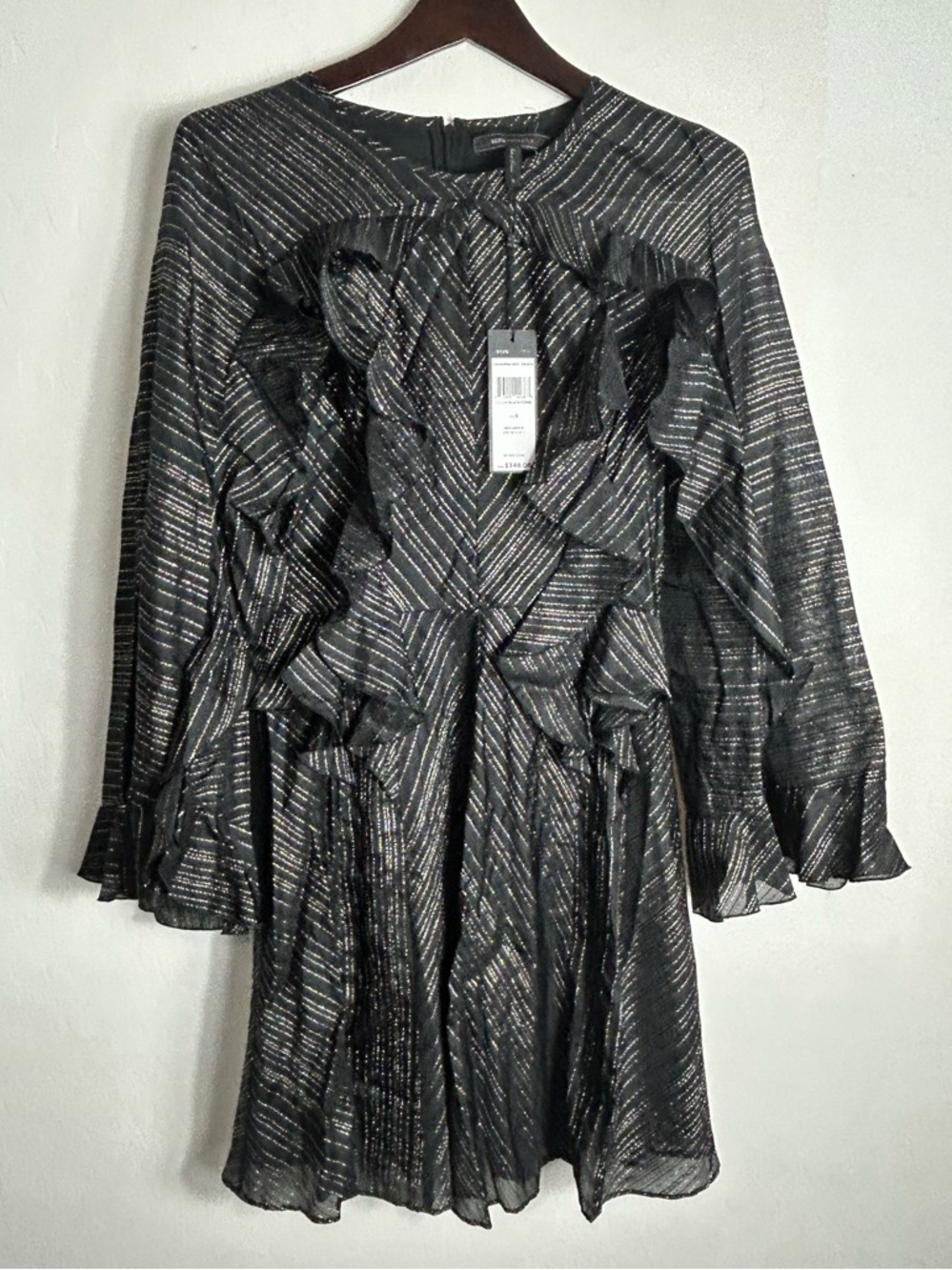 BCBGMaxAzria Black Metallic-Striped Ruffle Long-Sleeve Dress